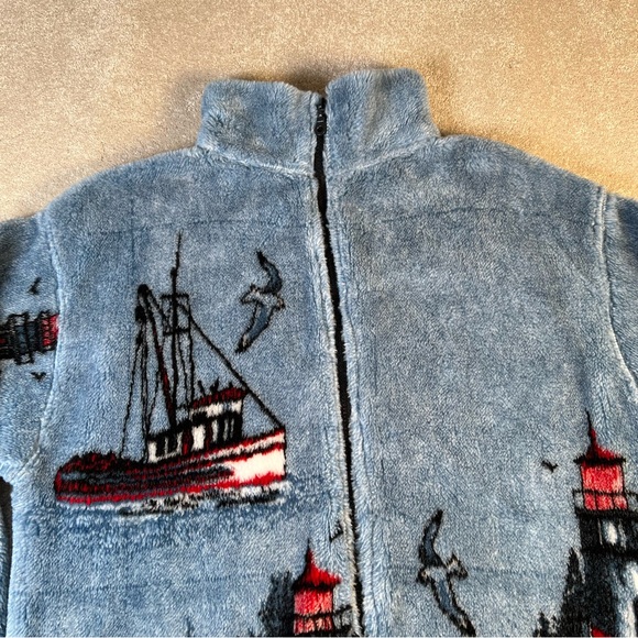 Vintage Coastal Cardigan Sweater Jacket Fleece Zip Up Lighthouse Made in USA Med - Picture 6 of 12